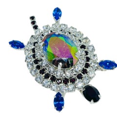 Vintage silver tone jewel glass stones turtle figural designer brooch