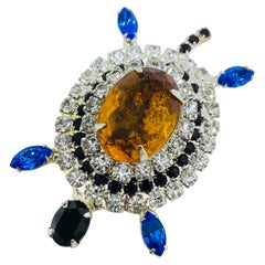 Vintage silver tone jewel glass stones turtle figural designer brooch