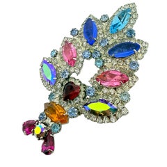 Vintage silver tone jewel green blue pink glass Christmas tree designer brooch