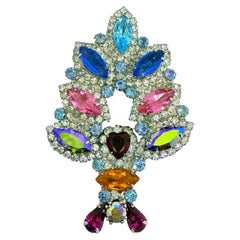 Vintage silver tone jewel green blue pink glass Christmas tree designer brooch