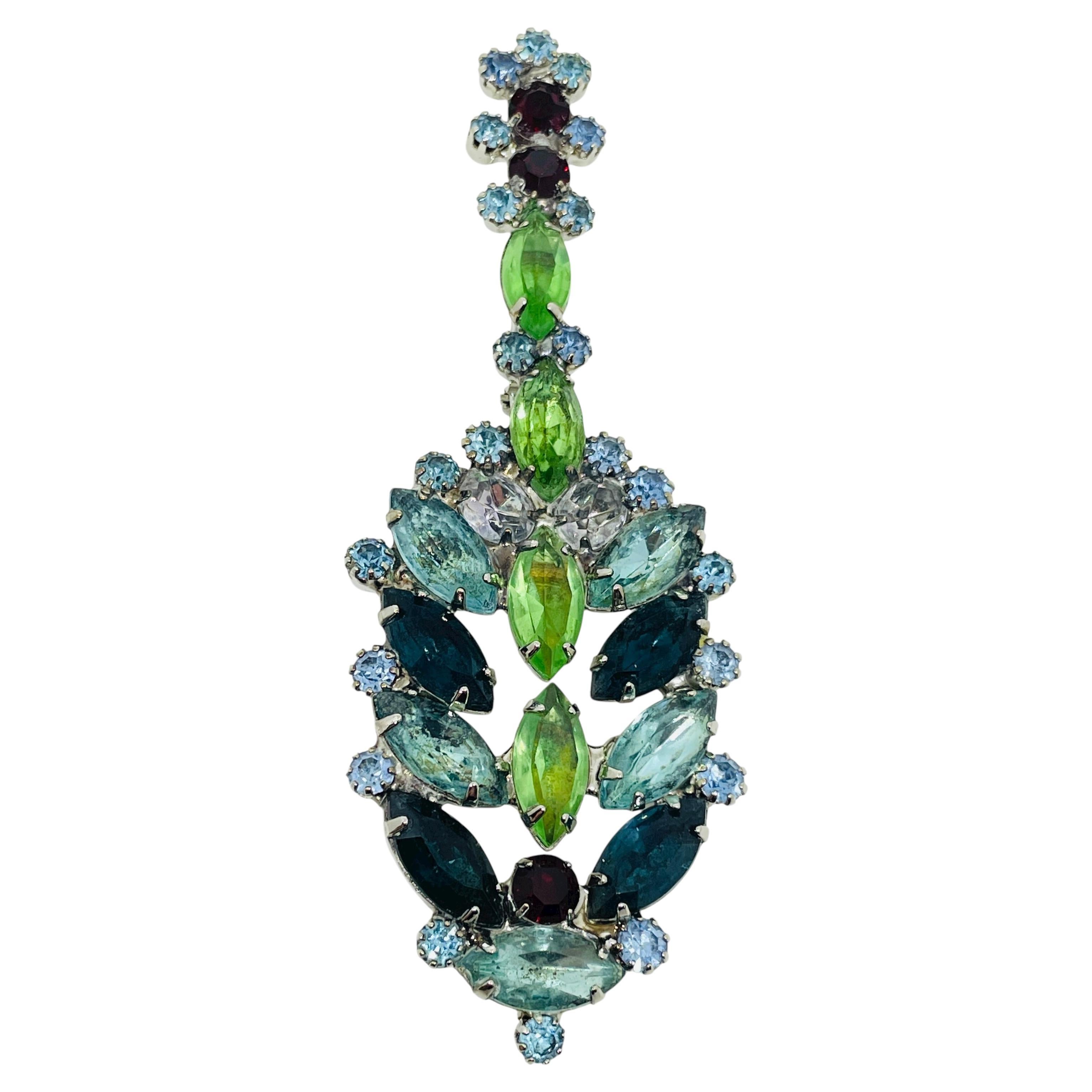 Vintage Silber Ton Juwel grün blau Topas Glas Weihnachtsbaum Designer Brosche