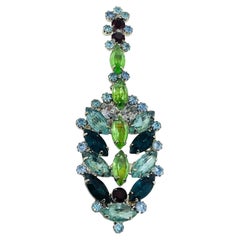 Vintage silver tone jewel green blue topaz glass Christmas tree designer brooch