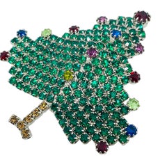Vintage silver tone jewel green red blue glass Christmas tree designer brooch