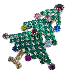 Vintage silver tone jewel green red blue glass Christmas tree designer brooch