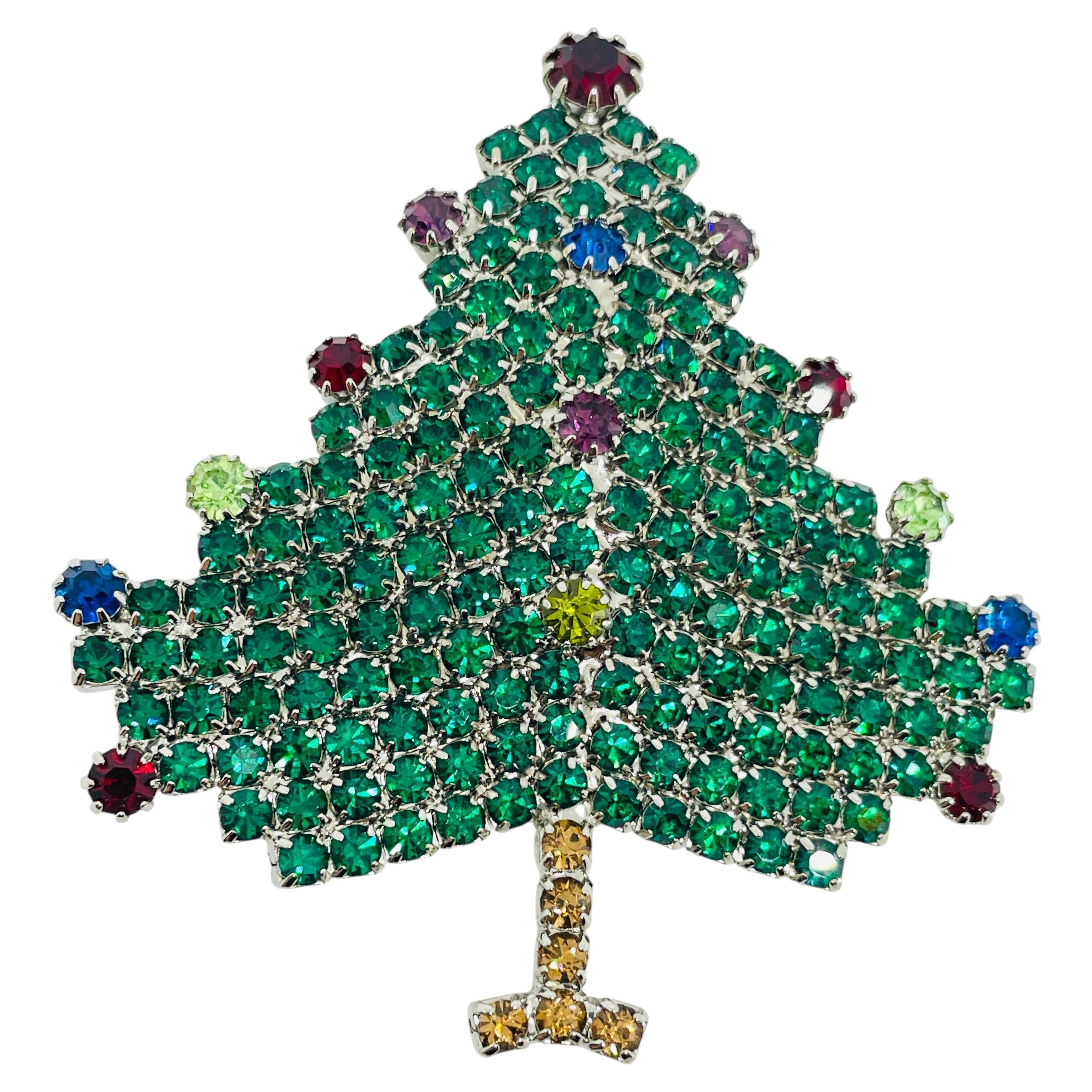 Vintage Silber Ton Juwel grün rot blau Glas Weihnachtsbaum Designer Brosche