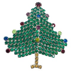 Vintage silver tone jewel green red blue glass Christmas tree designer brooch