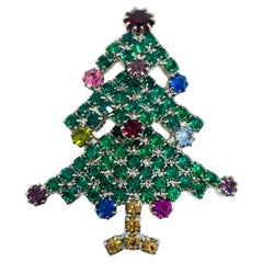 Vintage silver tone jewel green red blue glass Christmas tree designer brooch