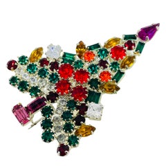 Vintage silver tone jewel green red pink glass Christmas tree designer brooch