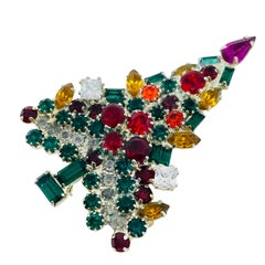 Vintage silver tone jewel green red pink glass Christmas tree designer brooch