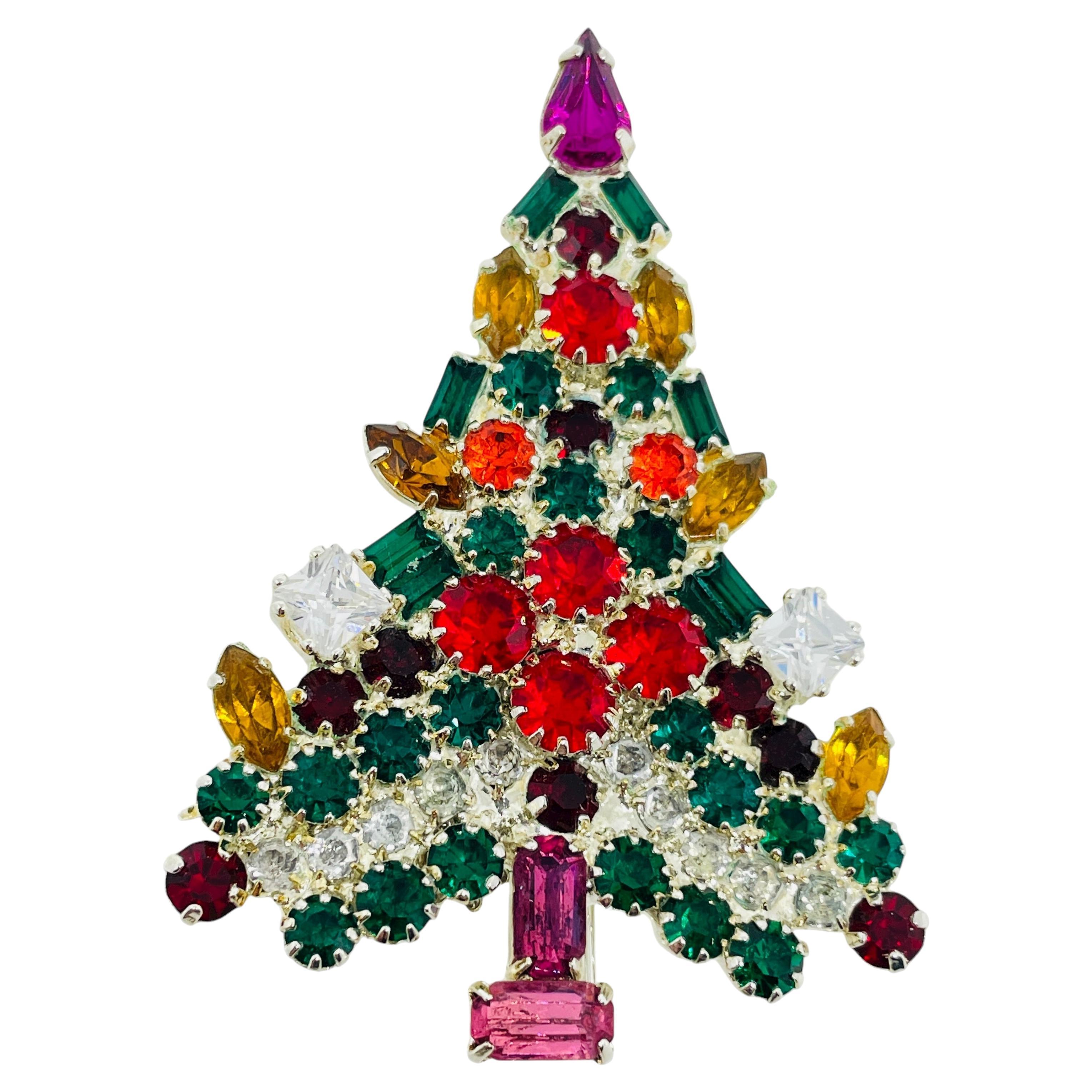 Vintage Silber Ton Juwel grün rot rosa Glas Weihnachtsbaum Designer Brosche