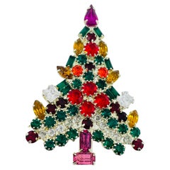 Vintage silver tone jewel green red pink glass Christmas tree designer brooch