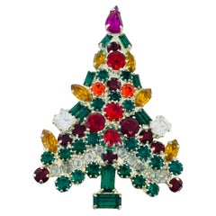 Vintage silver tone jewel green red pink glass Christmas tree designer brooch