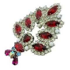 Vintage silver tone jewel red clear glass Christmas tree designer brooch