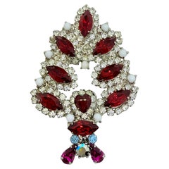 Vintage silver tone jewel red clear glass Christmas tree designer brooch