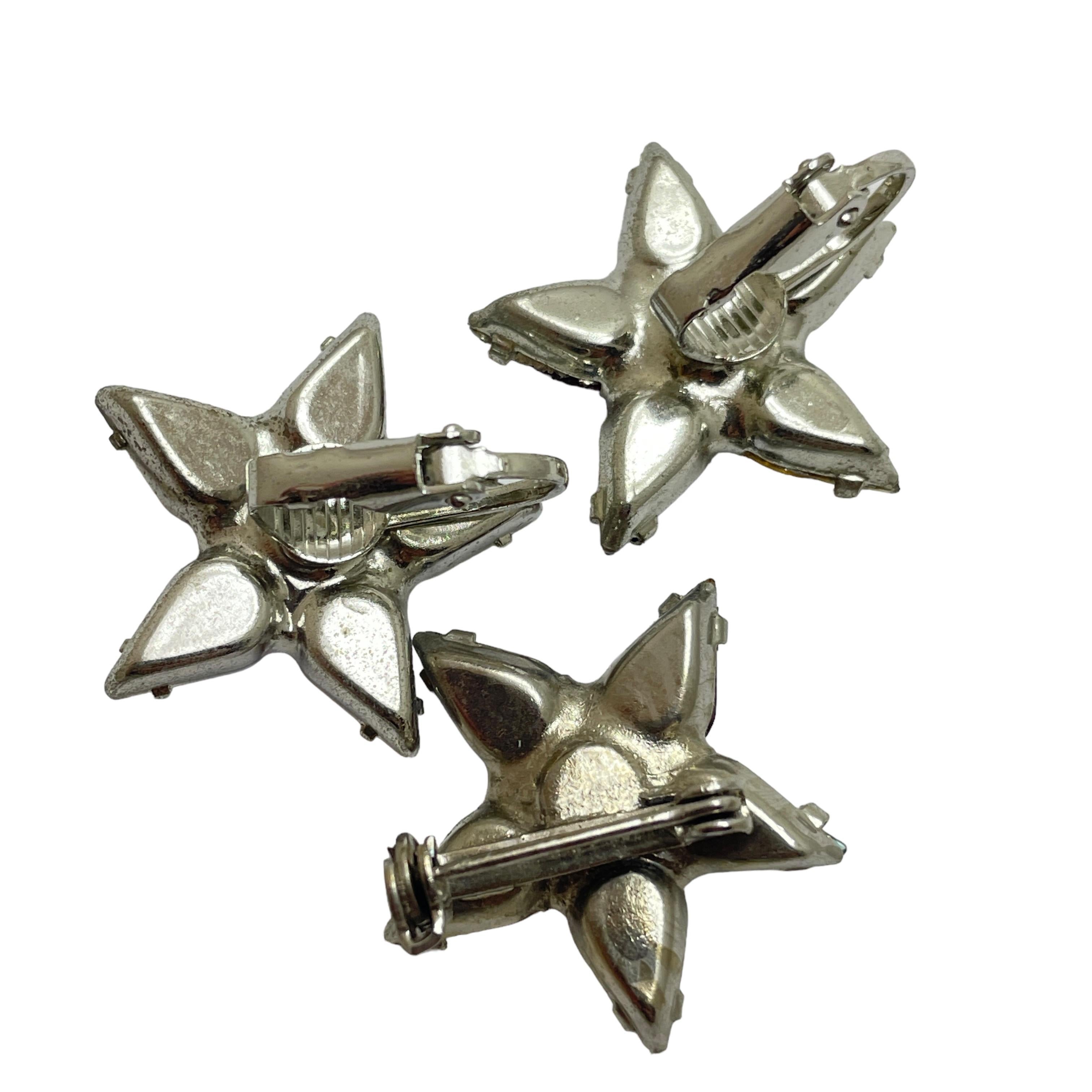 Vintage silver tone jewel rhinestone srar earrings brooch set In Good Condition For Sale In Palos Hills, IL