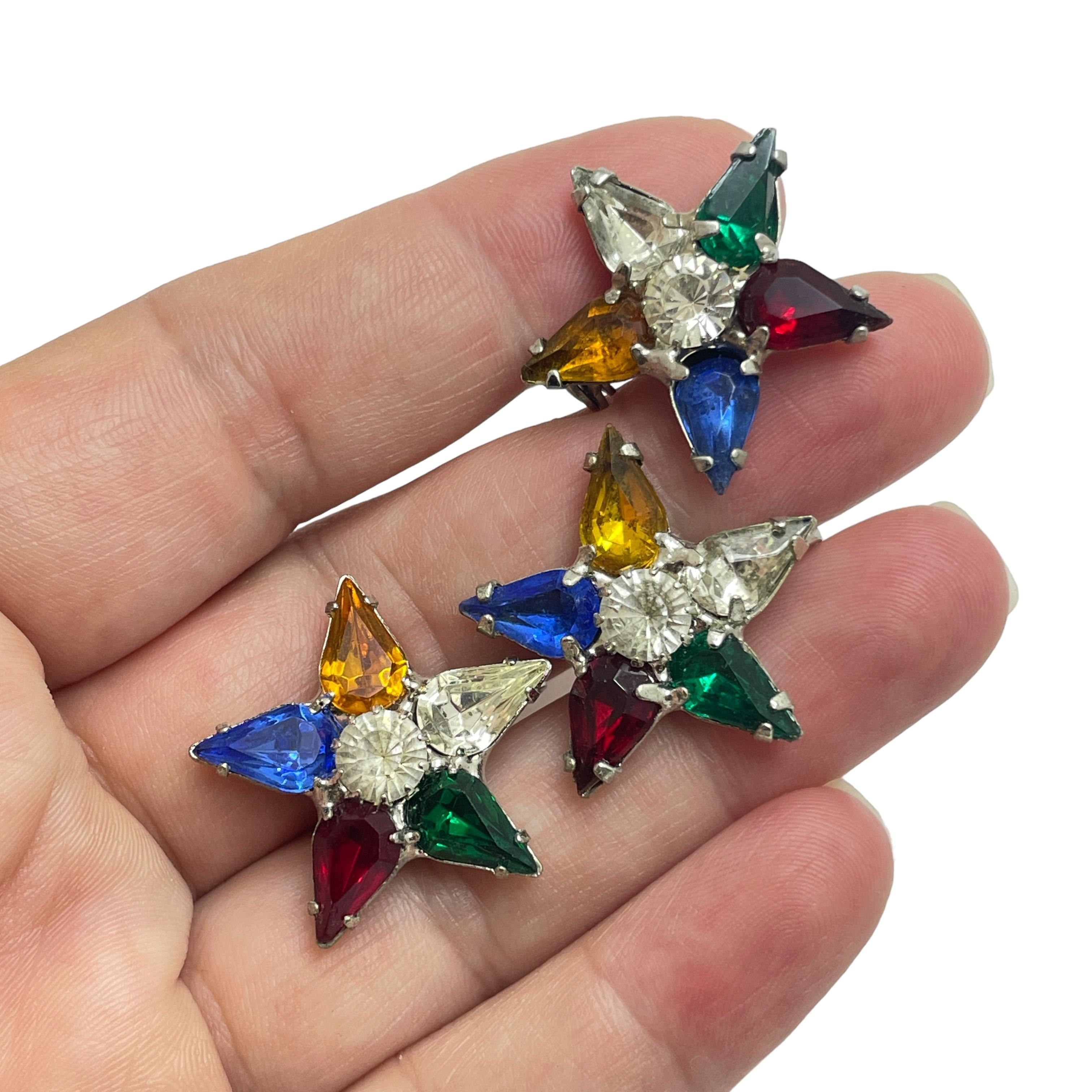 Women's Vintage silver tone jewel rhinestone srar earrings brooch set For Sale