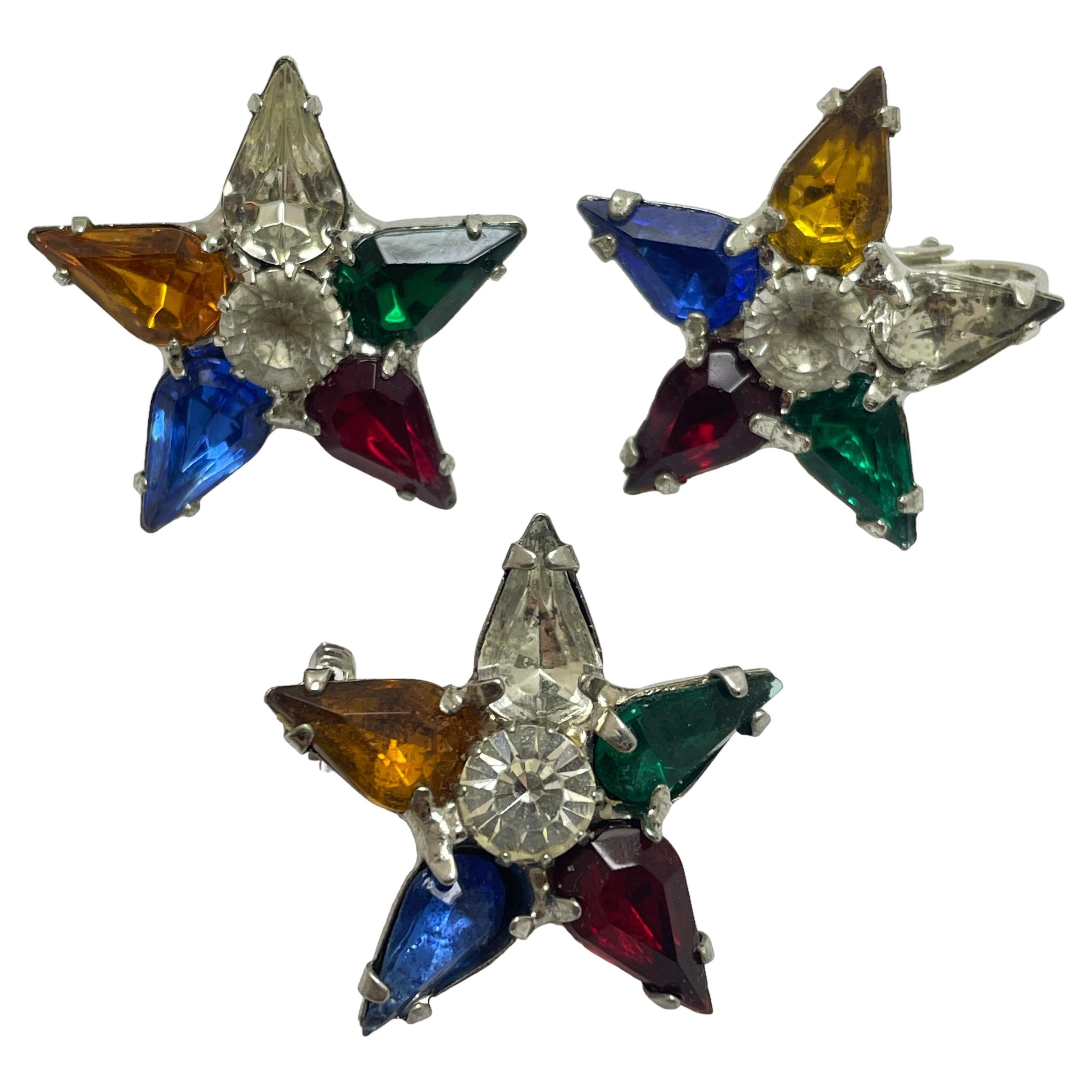 Vintage silver tone jewel rhinestone srar earrings brooch set