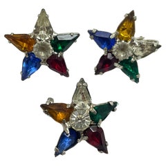 Vintage silver tone jewel rhinestone srar earrings brooch set