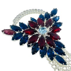 Vintage silver tone jewel sapphire ruby glass chain tassle designer brooch