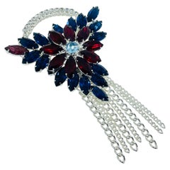 Vintage silver tone jewel sapphire ruby glass chain tassle designer brooch
