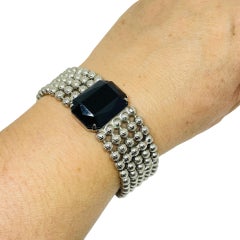 Vintage silver tone large black glass stone designer bracelet 1970's
