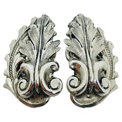 Vintage silver tone leafs designer clip on earrings