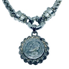 Vintage silver tone massive Etruscan coin designer chain necklace