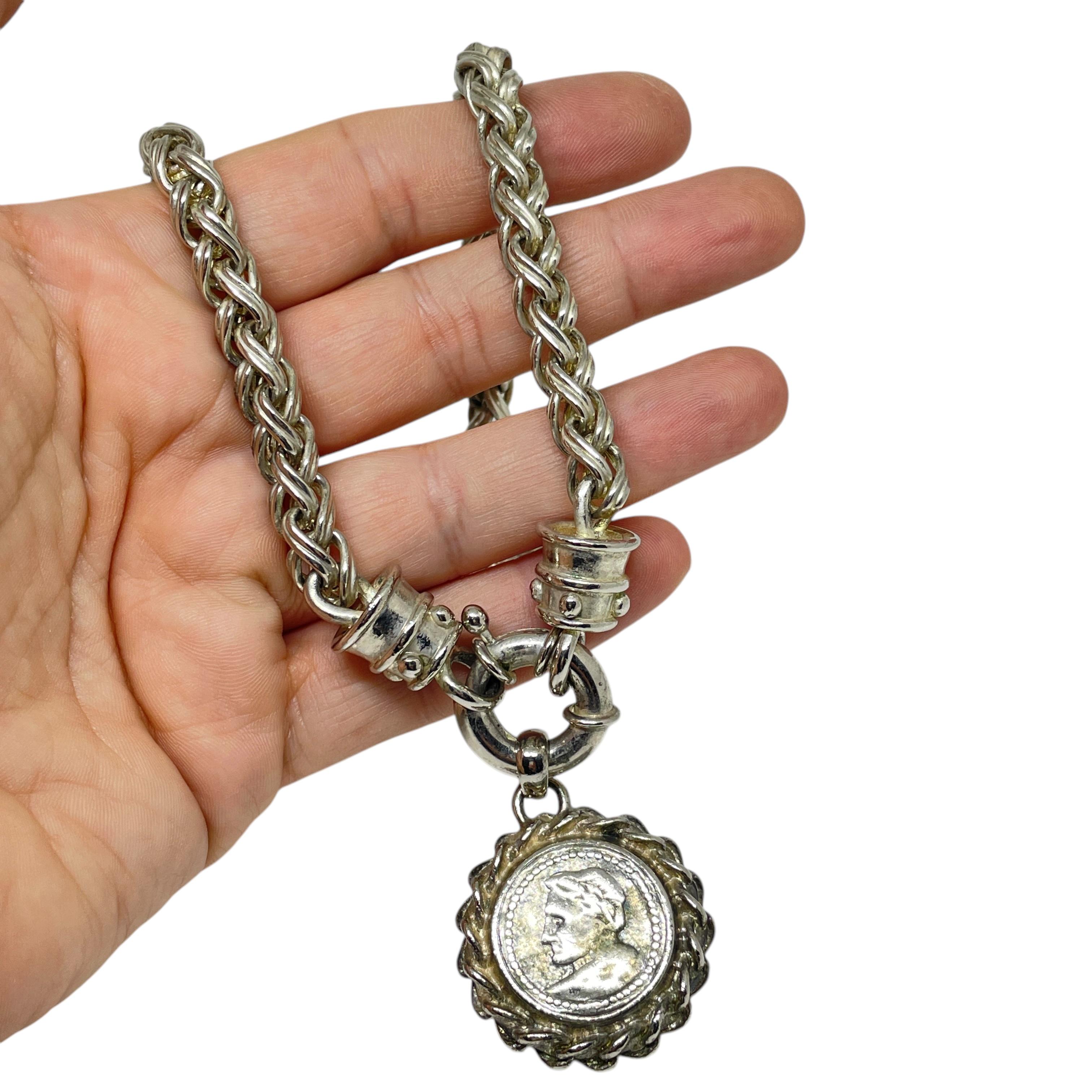 Women's Vintage silver tone massive Etruscan coin designer chain necklace For Sale