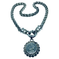 Vintage Silber Ton massiv etruskische Münze Designer Kette Halskette