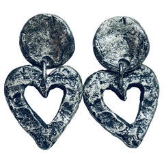 Vintage silver tone massive heart dangle clip on earrings