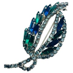 Vintage silver tone navette blue green rhinestones designer earrings brooch set