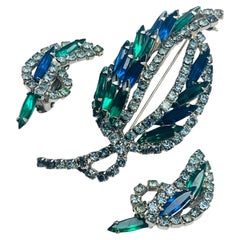 Vintage silver tone navette blue green rhinestones designer earrings brooch set