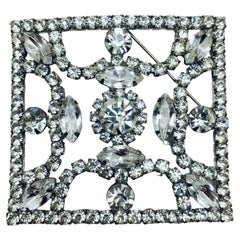 Vintage silver tone navette rhinestone designer runway brooch