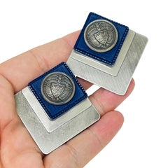 Vintage silver tone navy glass eagle massive designer clip on earrings