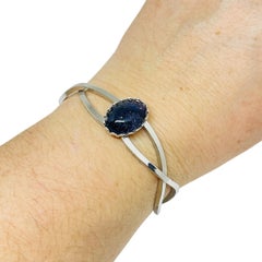 Vintage silver tone navy sparkle glass cabochon designer clamper bracelet