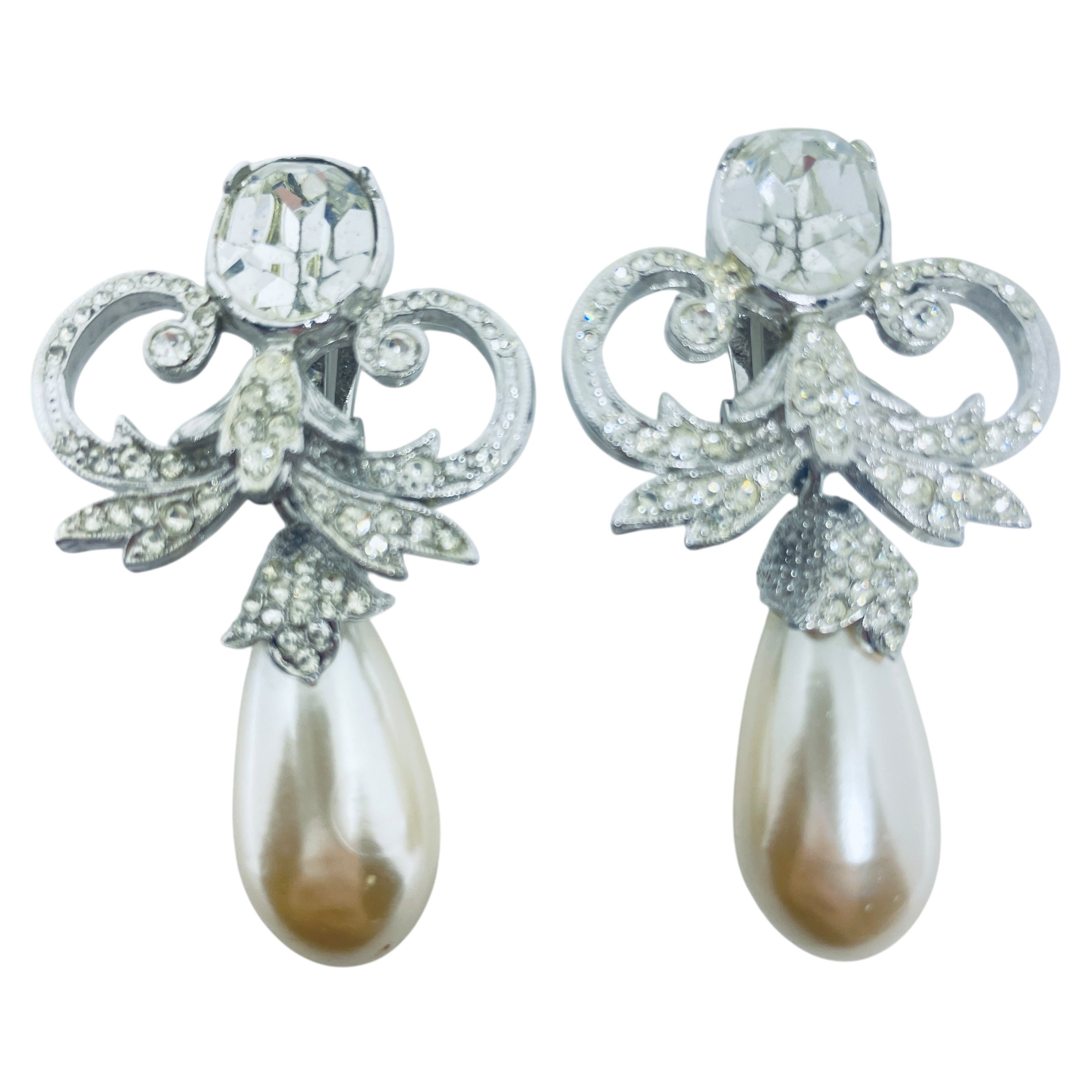 Vintage Silber Ton Perle Strass Designer Clip auf Ohrringe