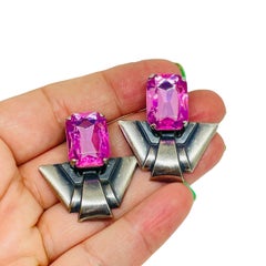Vintage silver tone pink glass modernist designer clip on earrings