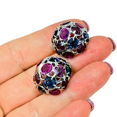 Vintage silver tone pink purple glass stones dome designer clip on earrings