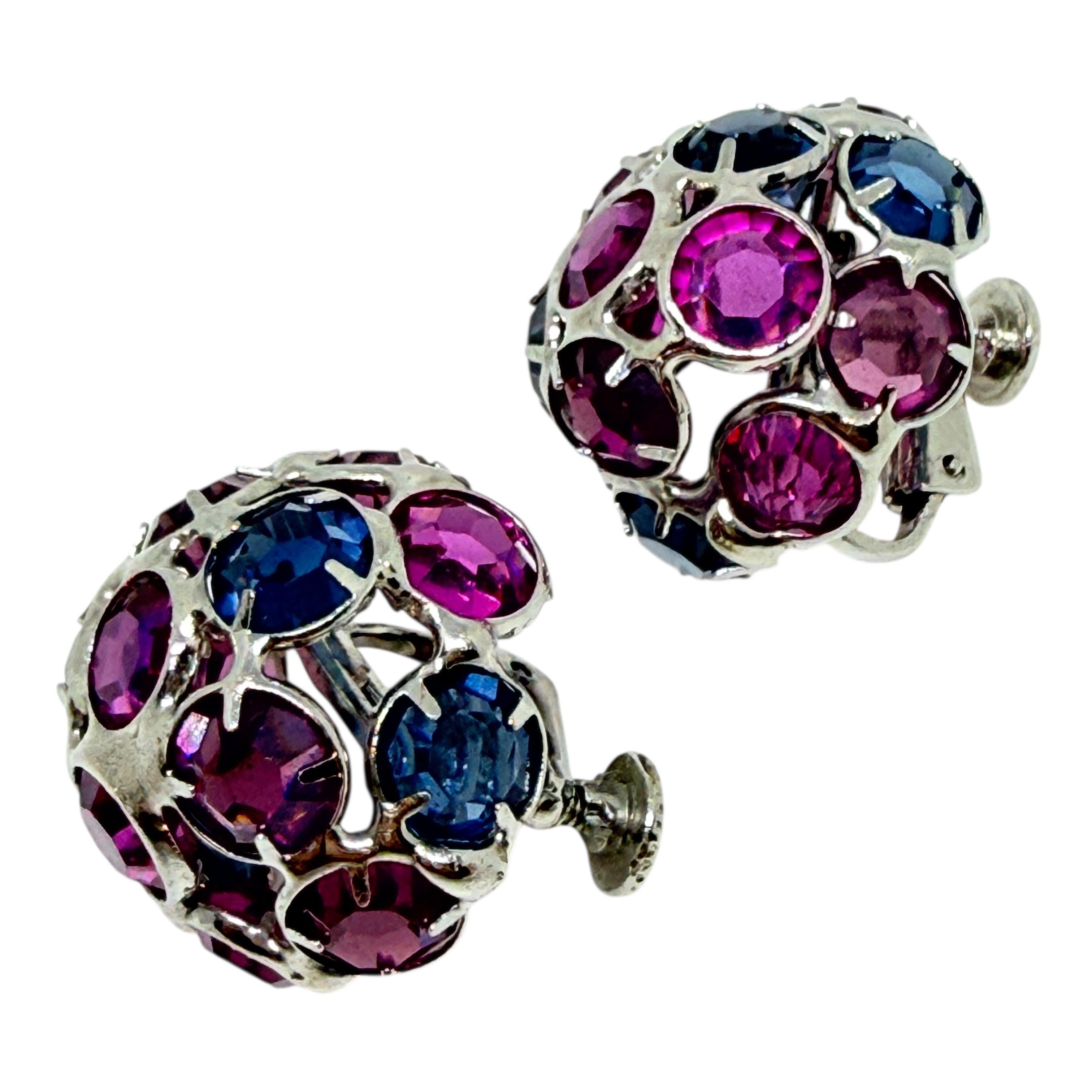 Vintage Silber Ton rosa lila Glas Steine Kuppel Designer Clip auf Ohrringe für Damen oder Herren im Angebot