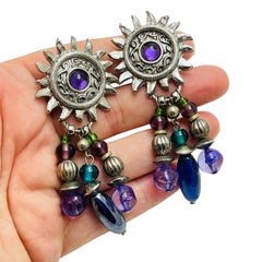 Vintage silver tone purple beads designer clip on earrings