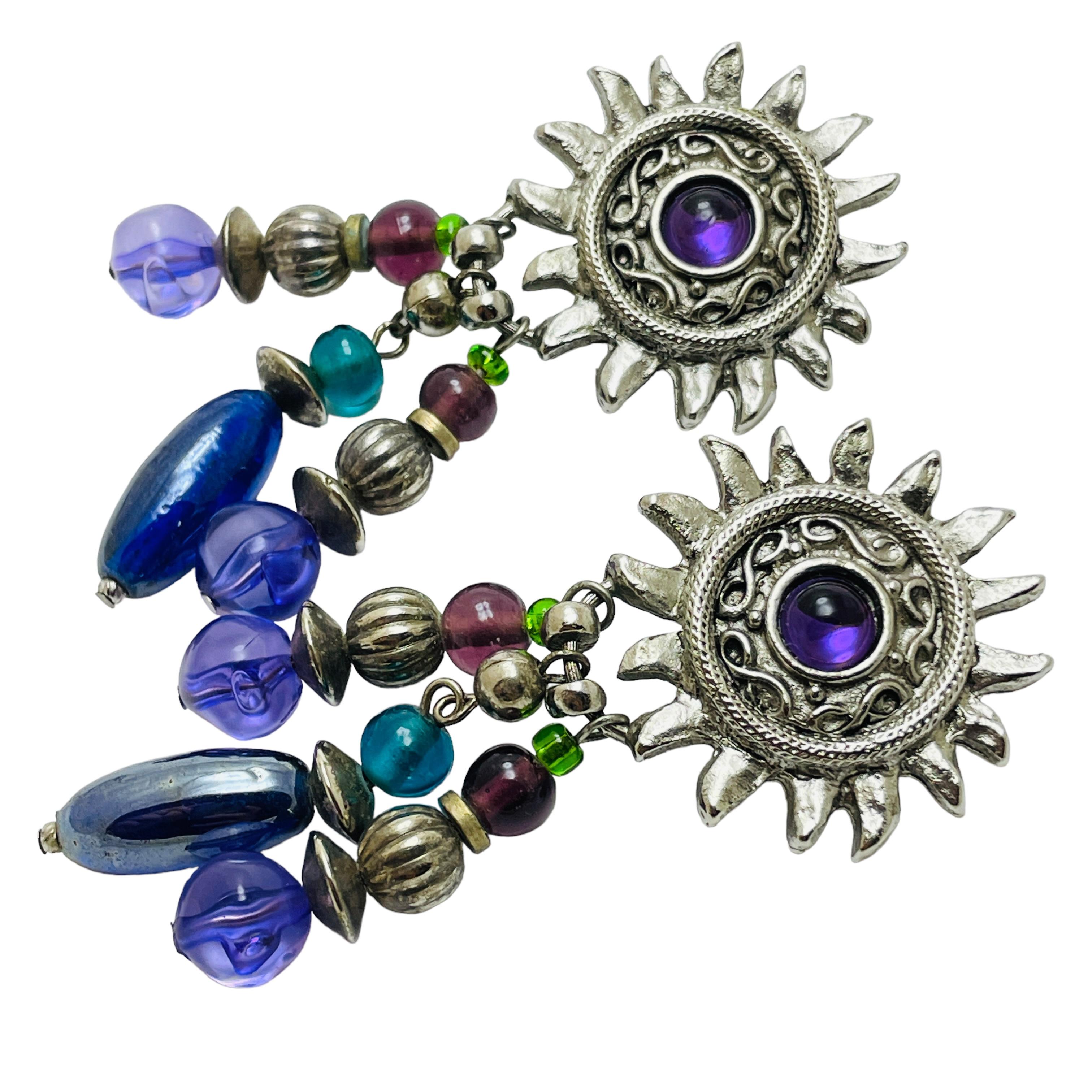Vintage Silber Ton lila Perlen Designer Clip auf Ohrringe Damen im Angebot