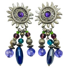  Vintage silver tone purple beads designer clip on earrings