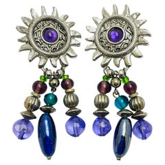 Vintage silver tone purple beads designer clip on earrings