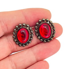 Vintage Silber Ton rot Glas Post Ohrringe