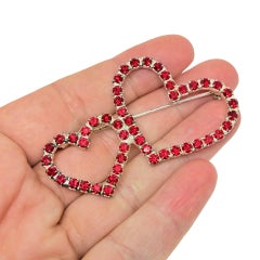 Vintage silver tone red rhinestones double heart designer brooch