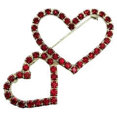 Vintage silver tone red rhinestones double heart designer brooch