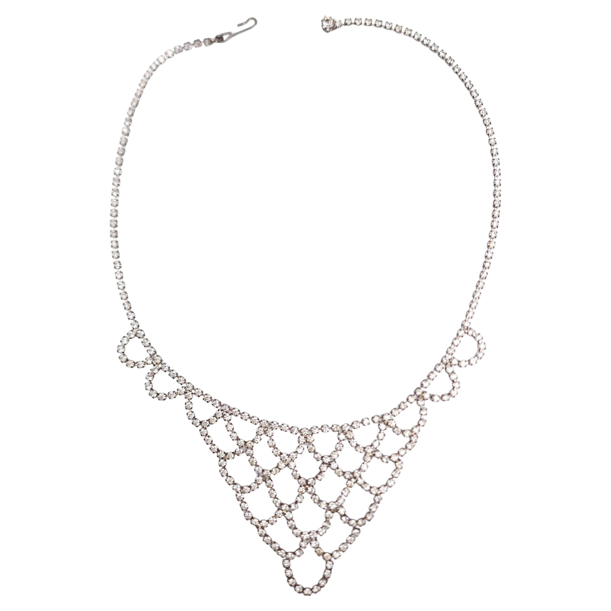 Vintage Silver-Tone Rhinestone Bib Necklace w Cascading Design, Silver Tone For Sale