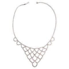Vintage Silver-Tone Rhinestone Bib Necklace w Cascading Design, Silver Tone