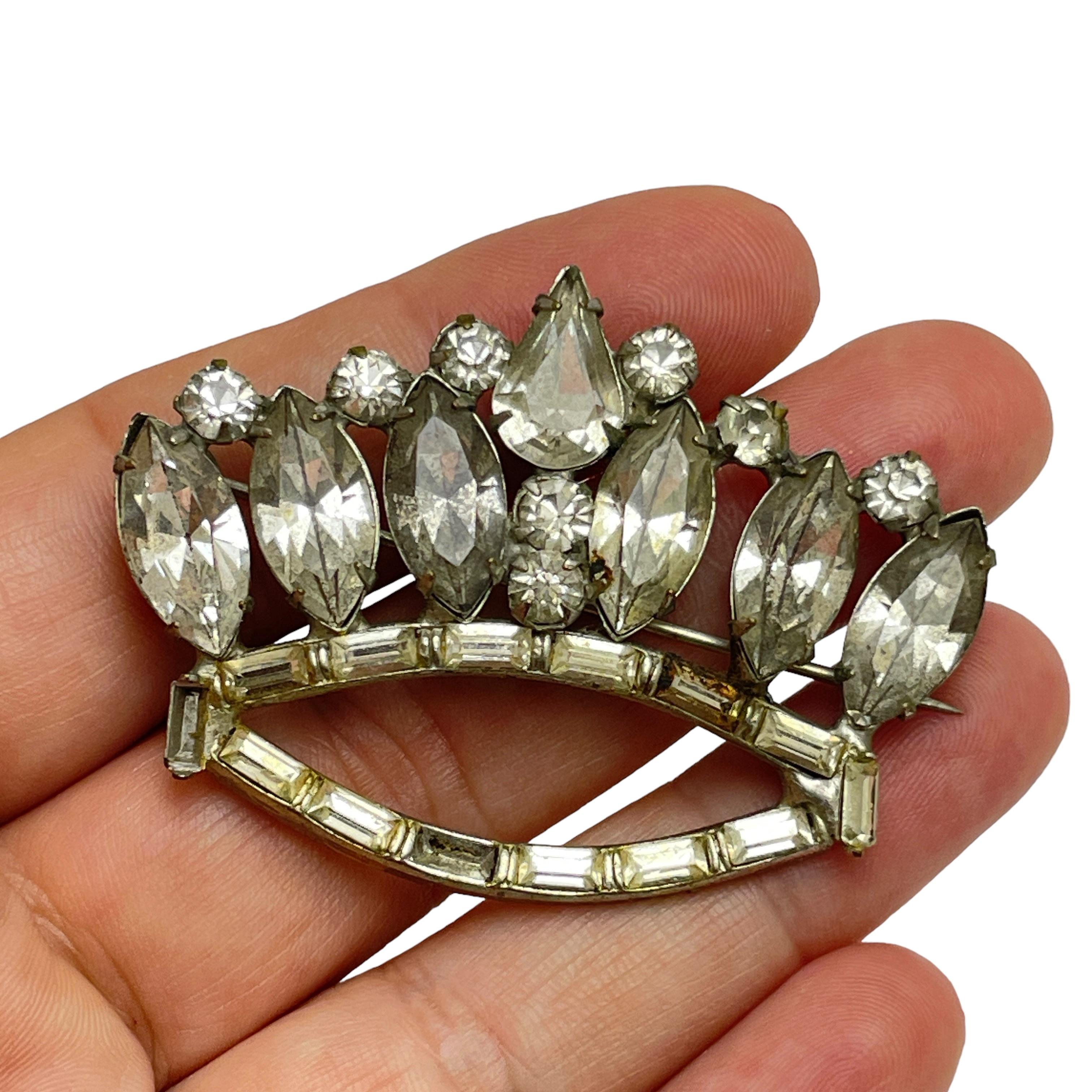 Women's Vintage silver tone rhinestone crown designer brooch For Sale
