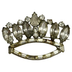 Vintage silver tone rhinestone crown designer brooch